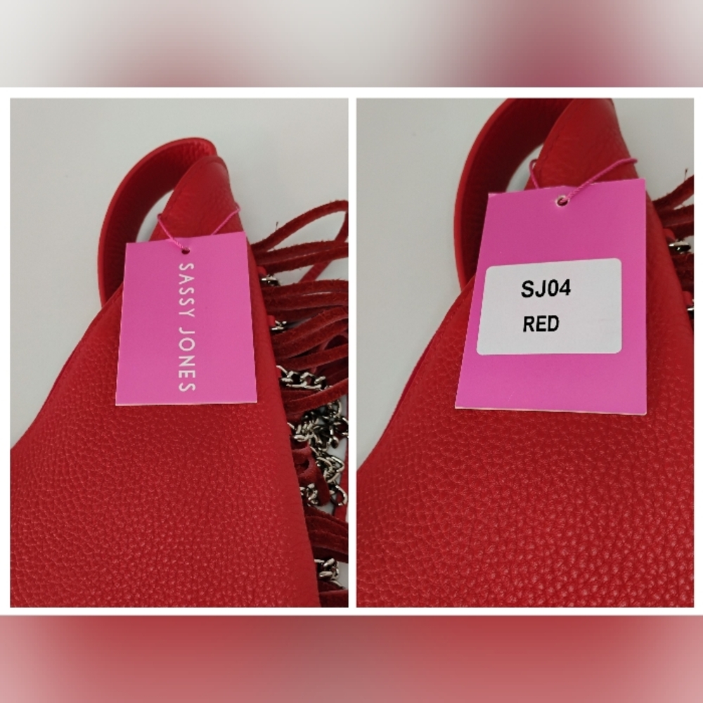 NWT Sassy Jones Leather Bag - Red Dina Pebbled Leather Fringe Crossbody Hobo - Picture 7 of 13